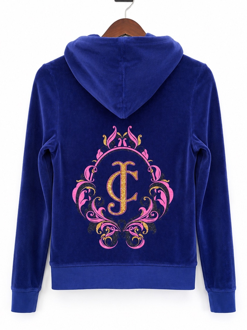 Juicy Couture Velour Zip Hoodie Sz Small Royal Blue Gold Pink JC Monogram Y2K - Picture 3 of 6
